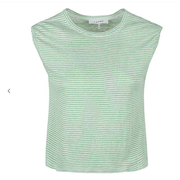 FRAME Knotted Rolled Muscle Tee Linen Top Shirt | Womens L, Green White Stripe - Picture 2 of 7